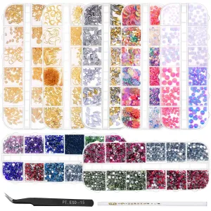 Anezus 7 Boxes Nail Rhinestones Nail Art Supplies Nail Studs 3D Nail Gems Jewels with Pickup Tools for Nails Decoration Makeup Clothes Shoes