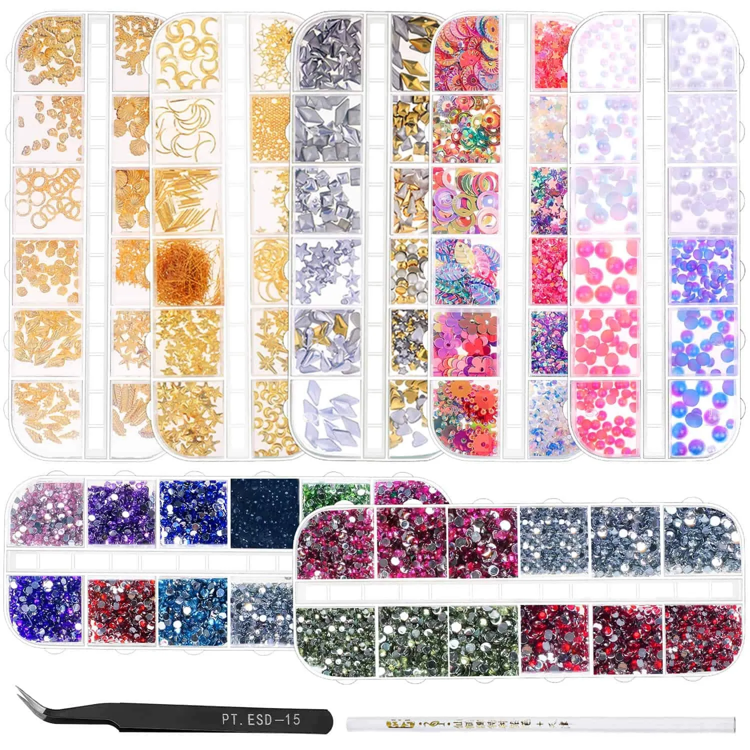 Anezus 7 Boxes Nail Rhinestones Nail Art Supplies Nail Studs 3D Nail Gems Jewels with Pickup Tools for Nails Decoration Makeup Clothes Shoes
