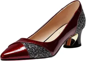 AngryMonkey Women's Pointed Toe Kitten Low Block Heel Pumps Shoes Sexy with Rhinestones Glitter Patent Leather Closed Slip On Bridal Dress Wedding Shoe