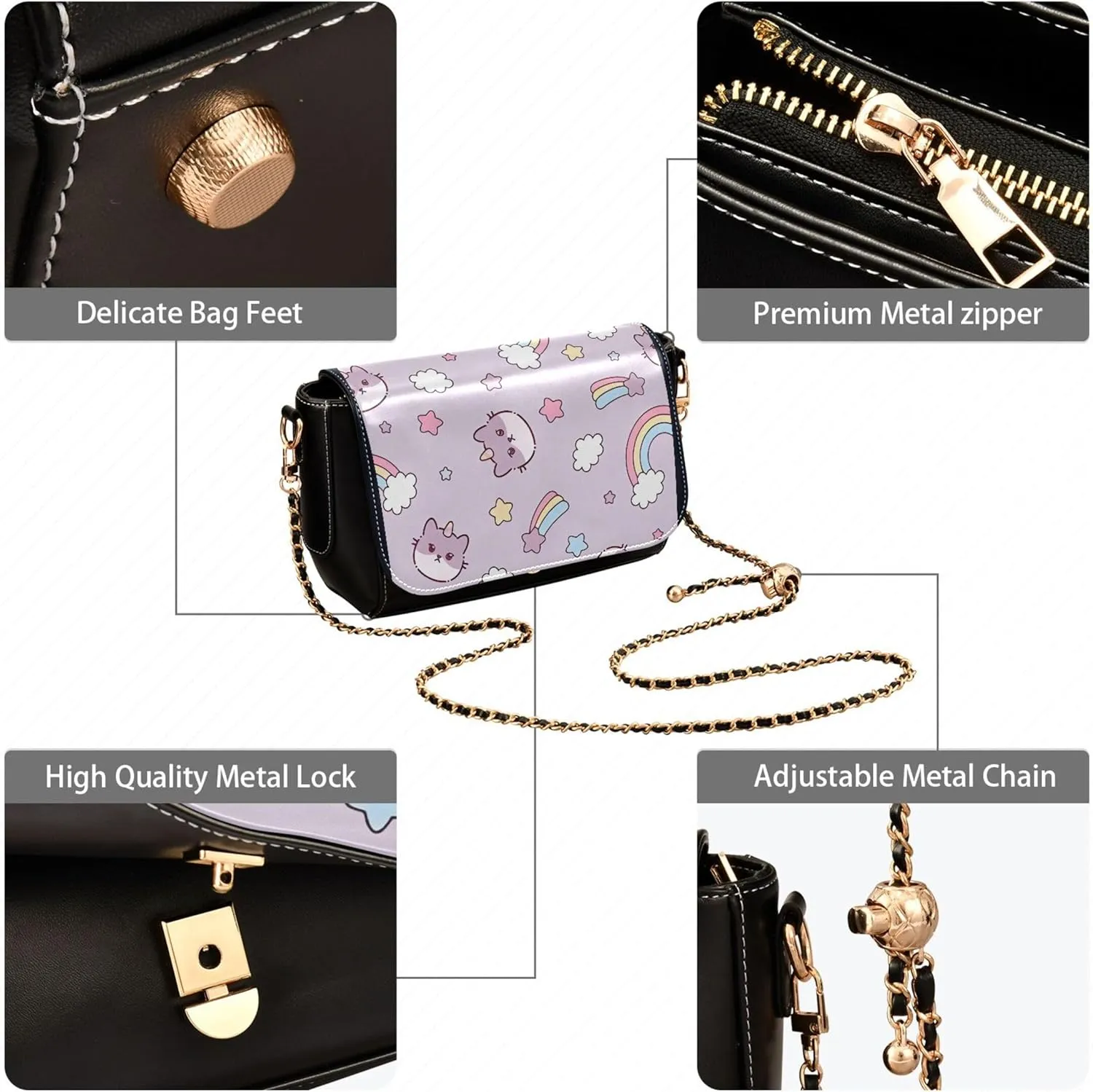 Animal Women Leather Shoulder Bag, Cute Cat Caticorn Kitten Unicorn Crossbody Bags for Women Handbag Chain Strap