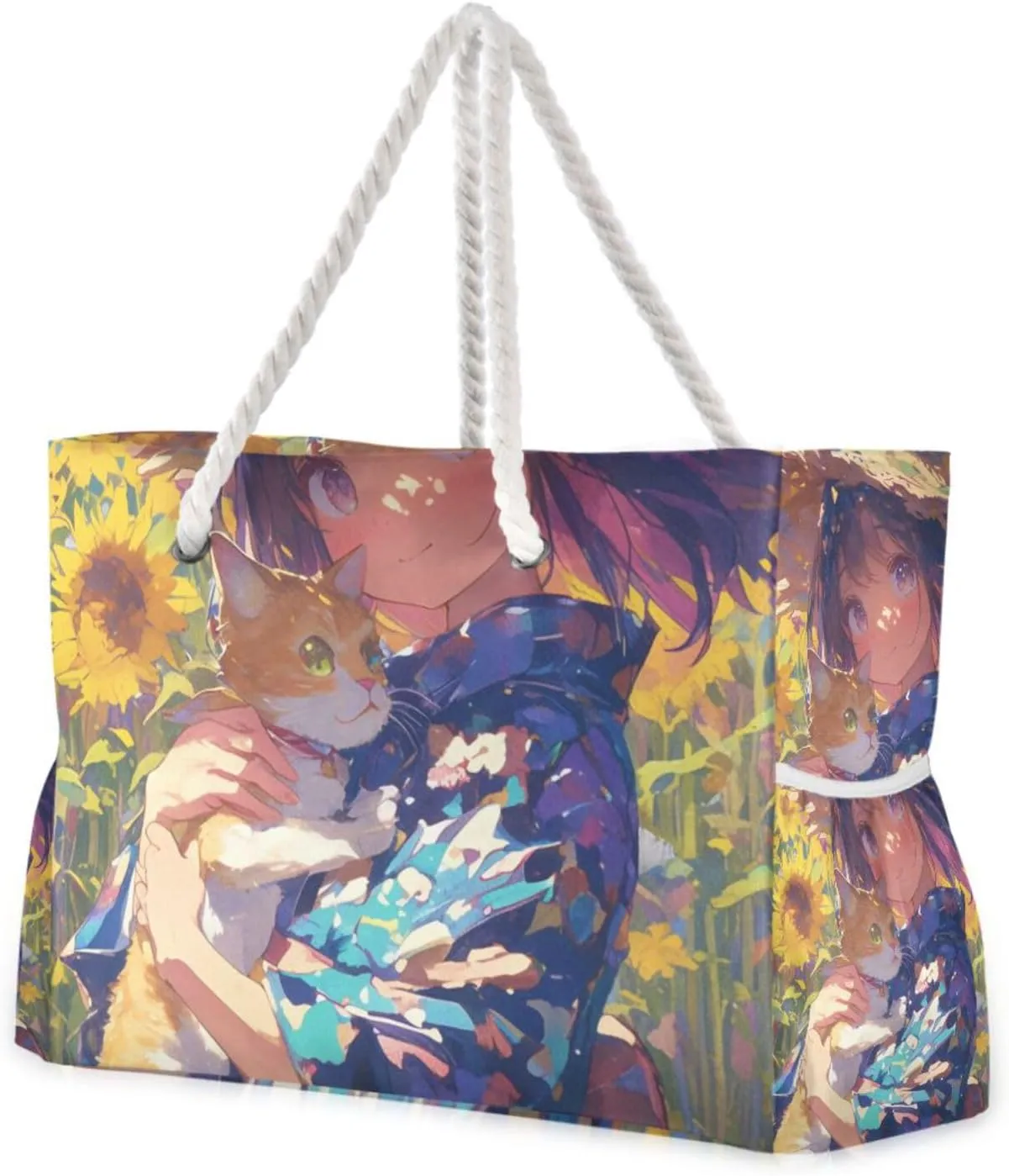 Anime Woman Cat Sunflower Bag, Shoulder Weekender Waterproof Sandproof with side pockets Large Travel Duffel Bag Tote for work