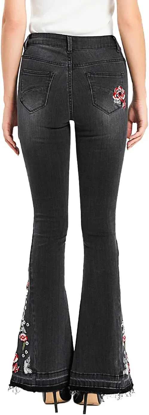 Anna-Kaci Womens Floral Daisy Embroidered Mid Rise Bell Bottom Flare Frayed Hem Jeans
