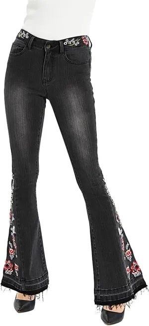 Anna-Kaci Womens Floral Daisy Embroidered Mid Rise Bell Bottom Flare Frayed Hem Jeans
