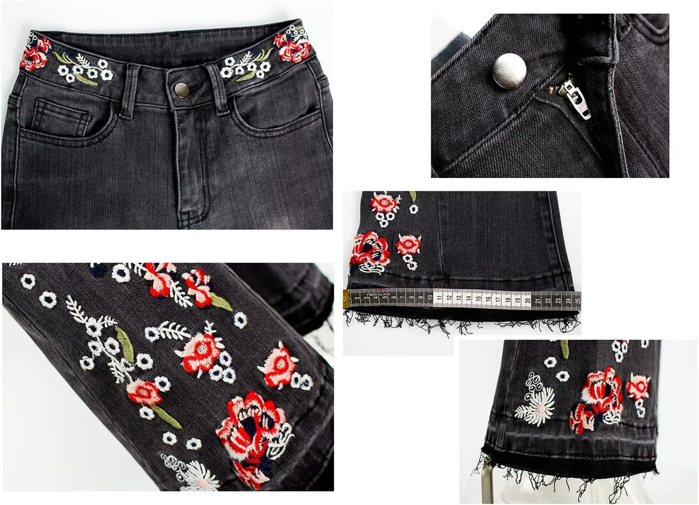 Anna-Kaci Womens Floral Daisy Embroidered Mid Rise Bell Bottom Flare Frayed Hem Jeans