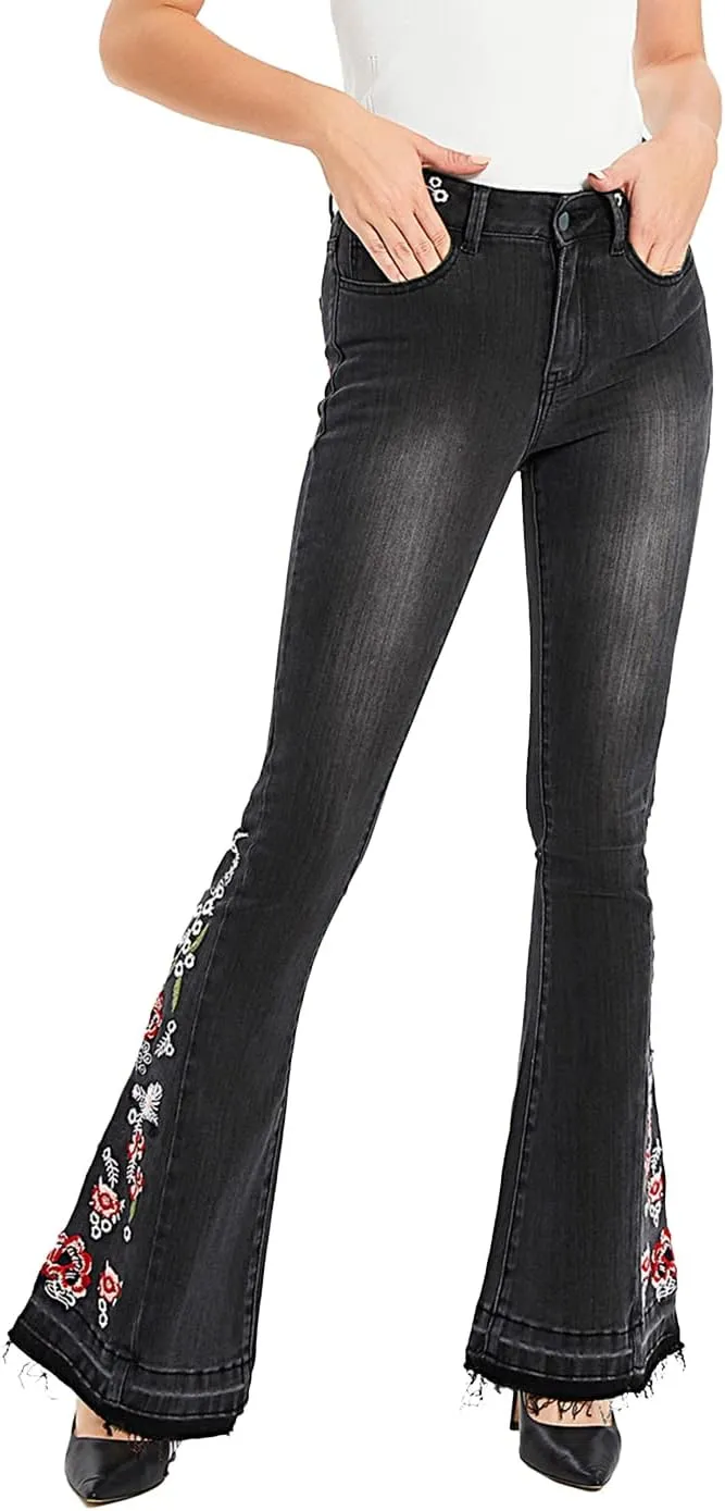 Anna-Kaci Womens Floral Daisy Embroidered Mid Rise Bell Bottom Flare Frayed Hem Jeans