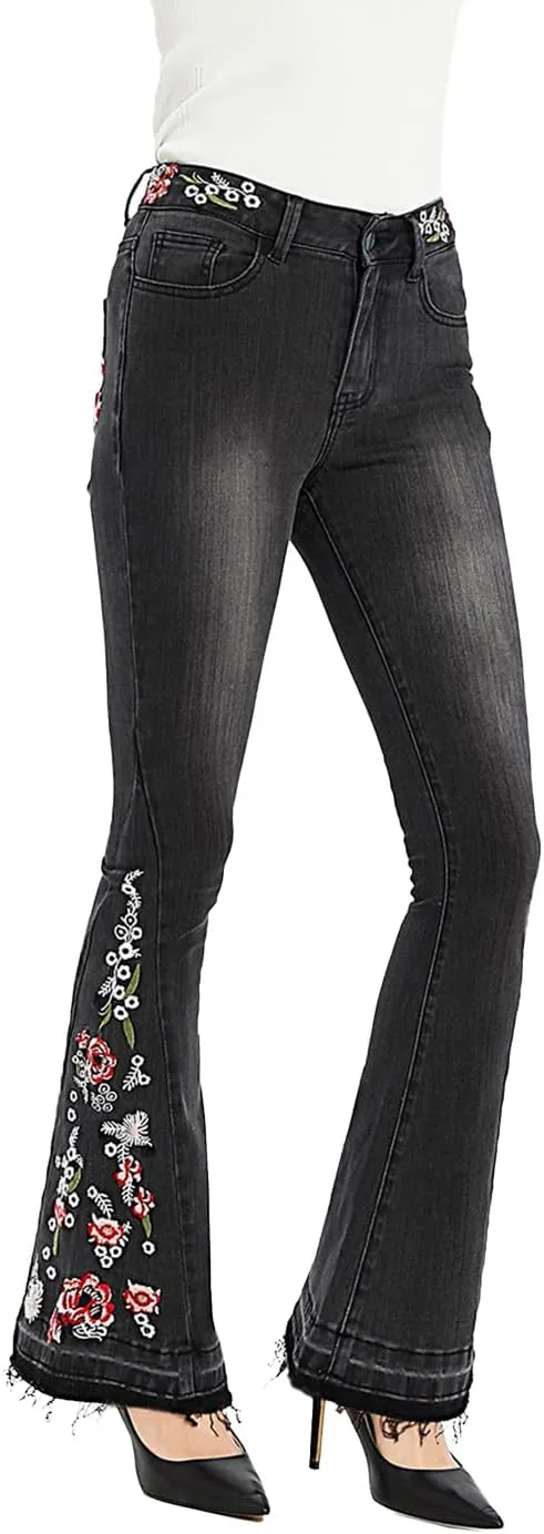 Anna-Kaci Womens Floral Daisy Embroidered Mid Rise Bell Bottom Flare Frayed Hem Jeans