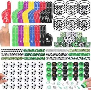 Aoriher 120 Pcs Soccer Sports Party Favors Set Serve 24, Soccer Goodie Bulk Foam Finger Mini Stress Ball Slap Bracelet Charm Bracelet Stamp for Girl Boy Kids Party Supplies