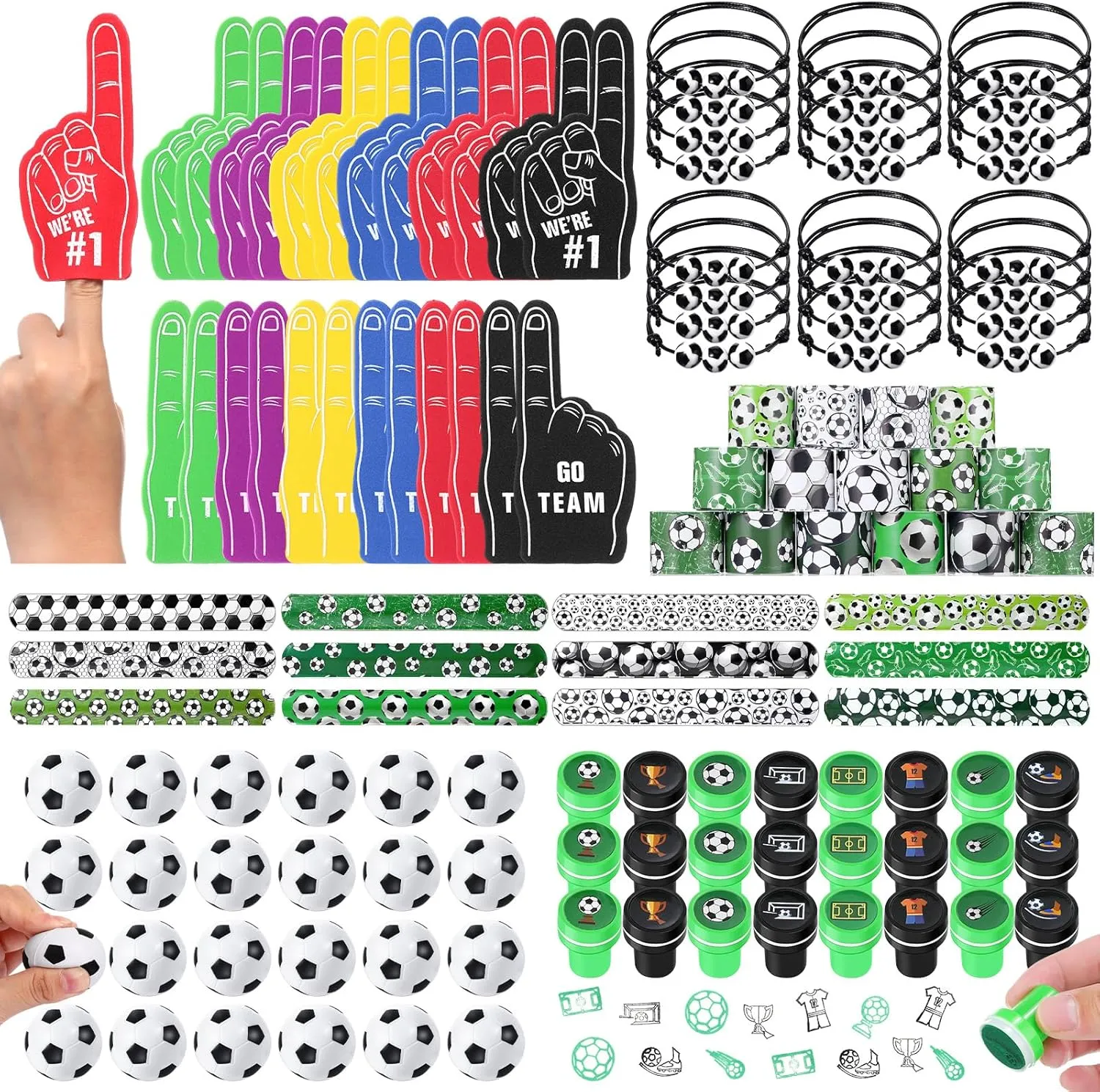 Aoriher 120 Pcs Soccer Sports Party Favors Set Serve 24, Soccer Goodie Bulk Foam Finger Mini Stress Ball Slap Bracelet Charm Bracelet Stamp for Girl Boy Kids Party Supplies