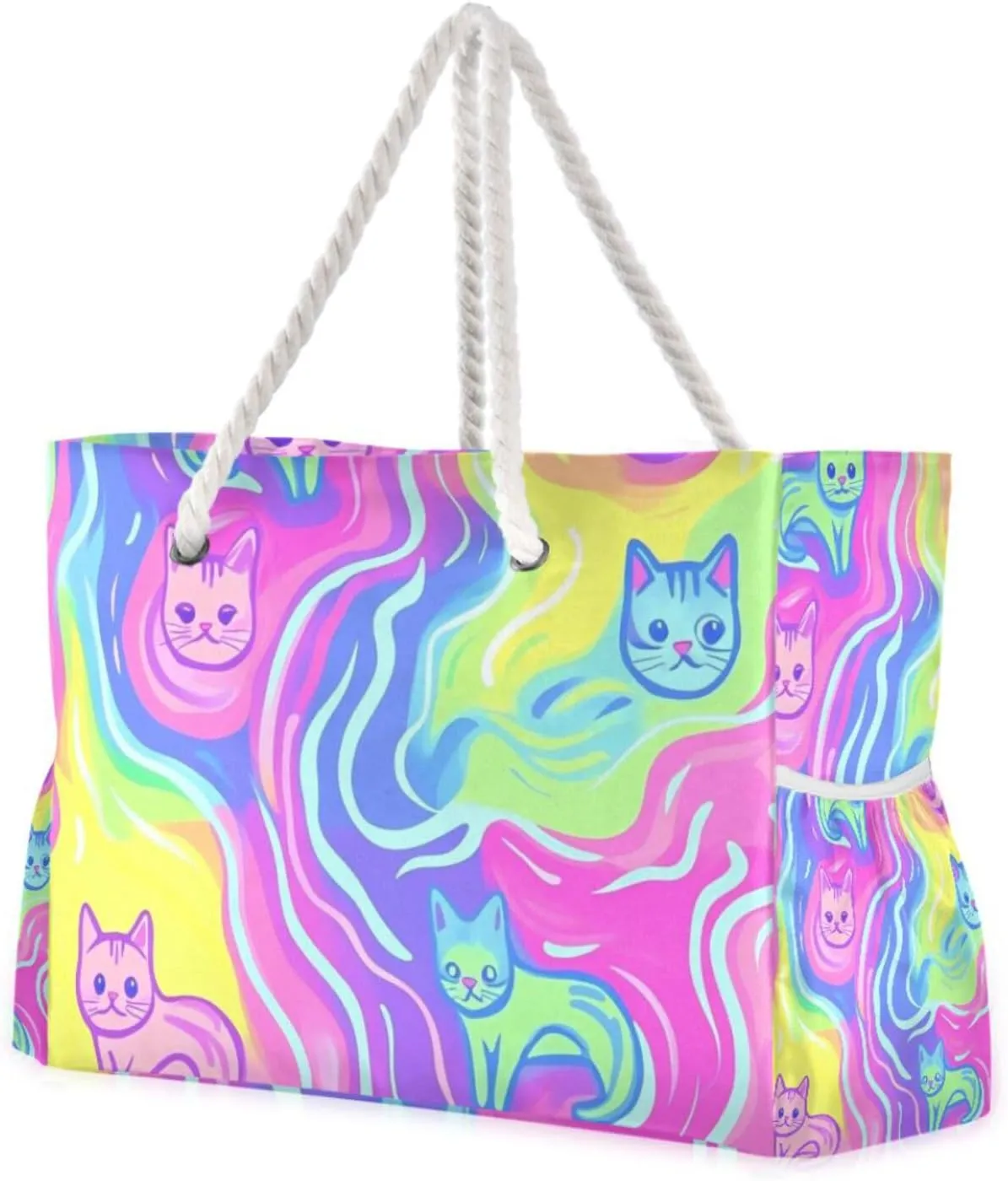 Art Purple Mystery Waves Cat Portable Shoulder Weekender with side pocketes Bag Beach Sports for Travel Gym Vacation