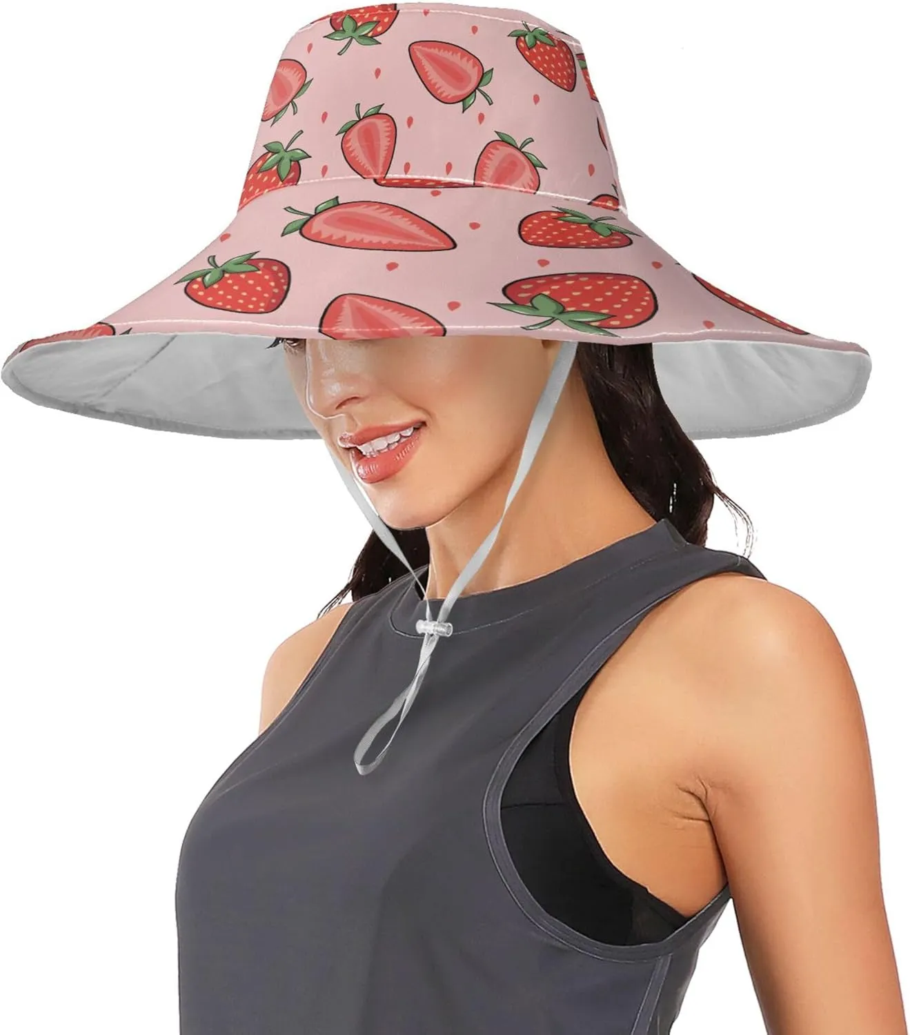 Aslsiy Women Sun Hat Wide Brim Summer Beach Hat Reversible Foldable Chin Strap UV Protection Hat