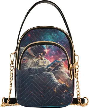 Astronaut Reading Book Space Galaxy Nebula Crossbody Bag for Women Mini Cell Phone Purse Women's Shoulder Handbag