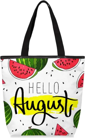 August Cartoon Watermelons Canvas Tote Bag for Women Men Canvas Handbag Shoulder Tote Bag with Zipper Closure Reusable Grocery Bag Shopping Cloth Bag with Handles for Beach Gym Picnic