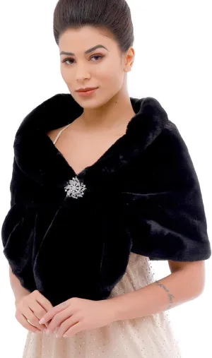 Aukmla Women's Wedding Fur Wraps and Shawls Bridal Fur Stoles Scarf with Rhinestones Brooch for Bride and Bridesmaids
