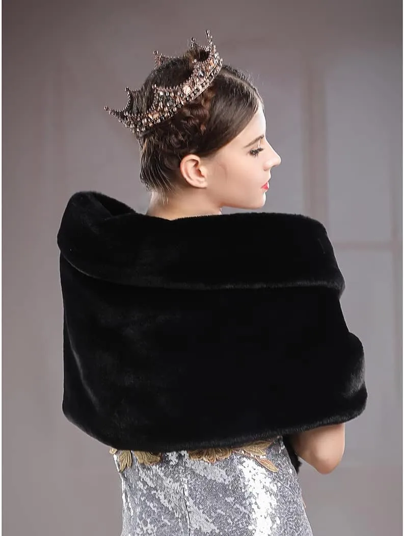 Aukmla Women's Wedding Fur Wraps and Shawls Bridal Fur Stoles Scarf with Rhinestones Brooch for Bride and Bridesmaids