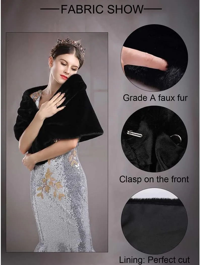Aukmla Women's Wedding Fur Wraps and Shawls Bridal Fur Stoles Scarf with Rhinestones Brooch for Bride and Bridesmaids