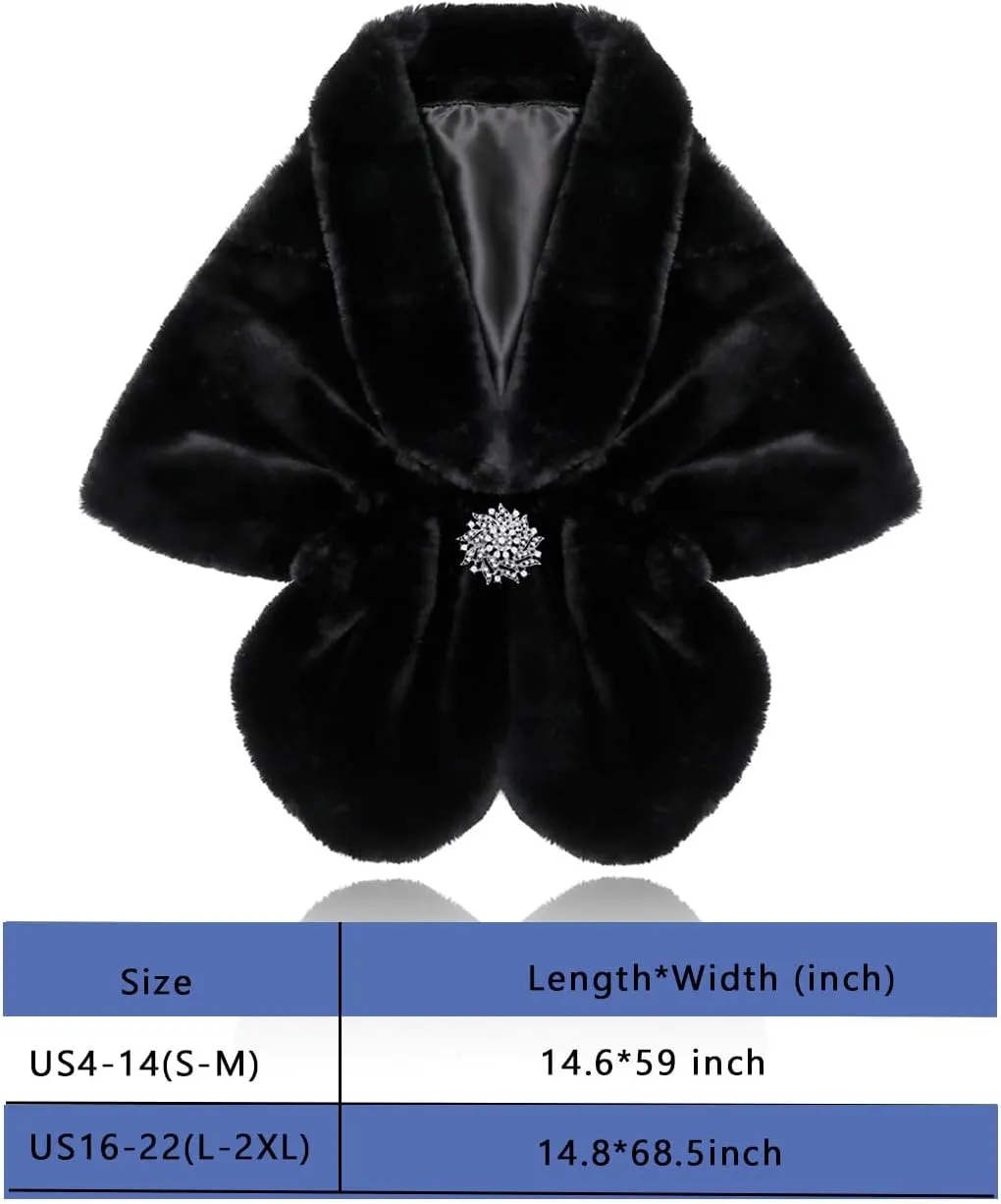 Aukmla Women's Wedding Fur Wraps and Shawls Bridal Fur Stoles Scarf with Rhinestones Brooch for Bride and Bridesmaids