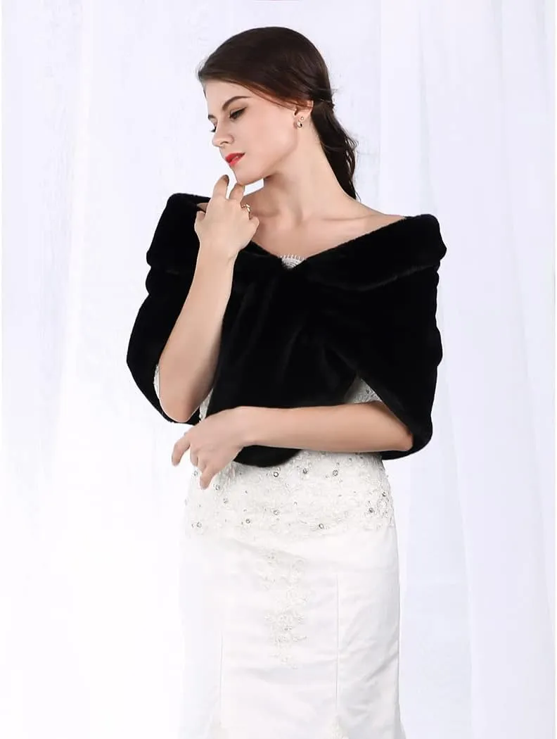 Aukmla Women's Wedding Fur Wraps and Shawls Bridal Fur Stoles Scarf with Rhinestones Brooch for Bride and Bridesmaids