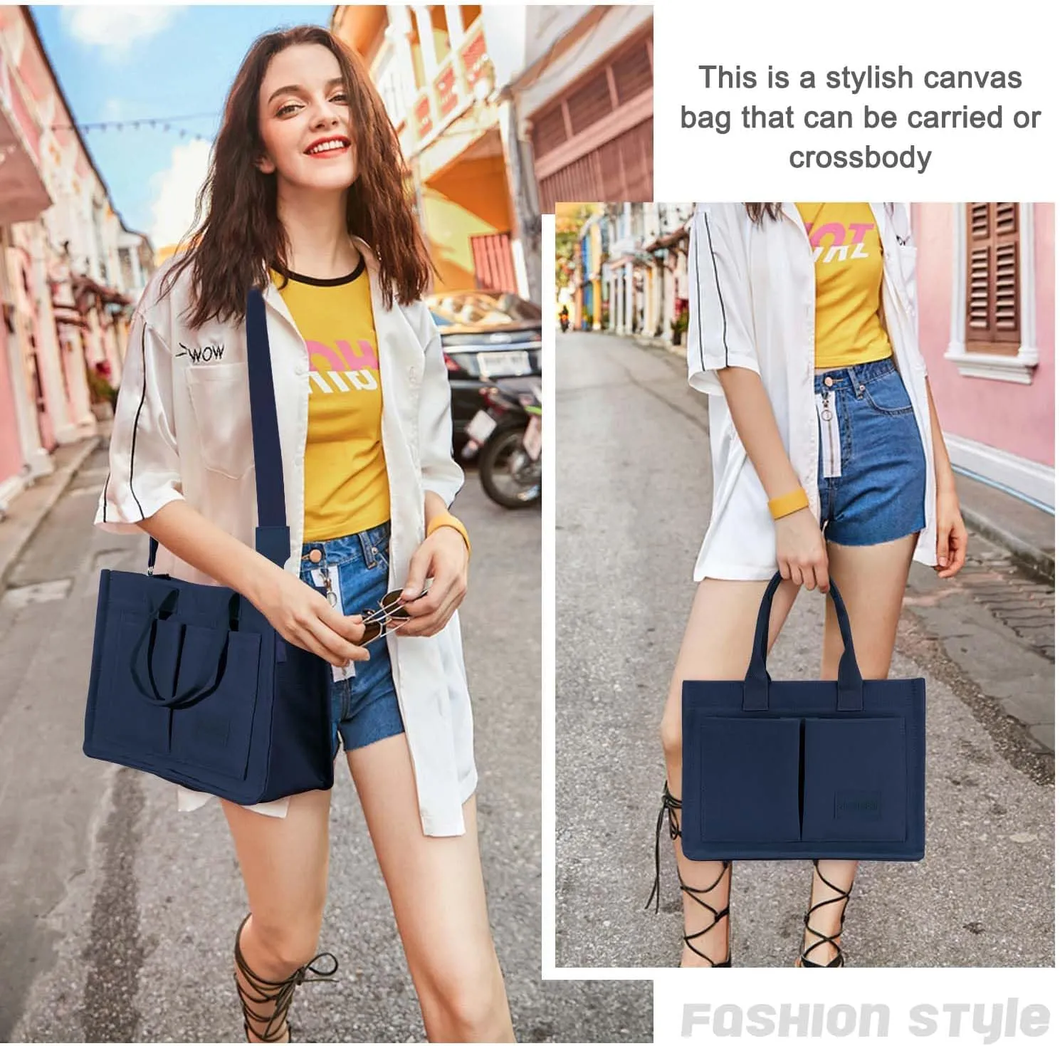 Ayieyill Canvas Tote Bag for Women with Pockets Crossbody Bag Tote Shoulder Handbags Casual Work Bags Everything Tote Bag