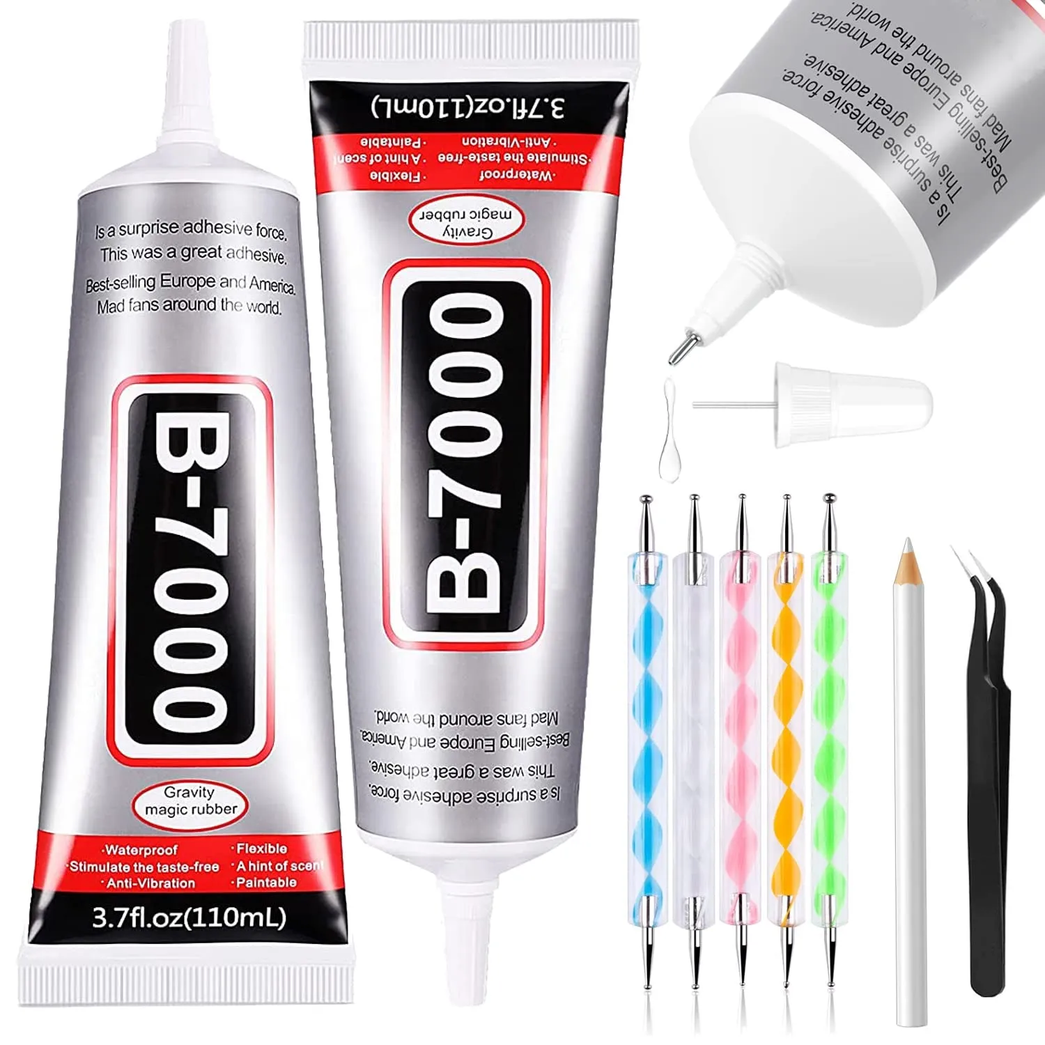 B7000 Adhesive Rhinestones Glue for Crafts, 2PCS 110Ml / 3.7 Fl Oz B7000 Clear Glue with 5 Dotting Pen Tool, Wax Pencil and Tweezer, Jewelry Glue for DIY Craft Makeup Shoes Jewelry Making Nail Art