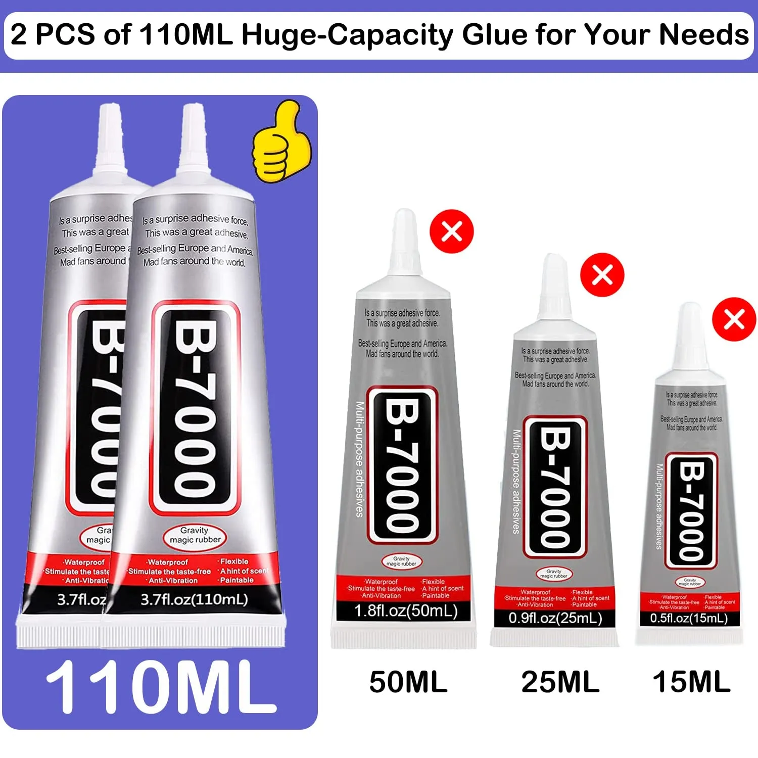 B7000 Adhesive Rhinestones Glue for Crafts, 2PCS 110Ml / 3.7 Fl Oz B7000 Clear Glue with 5 Dotting Pen Tool, Wax Pencil and Tweezer, Jewelry Glue for DIY Craft Makeup Shoes Jewelry Making Nail Art