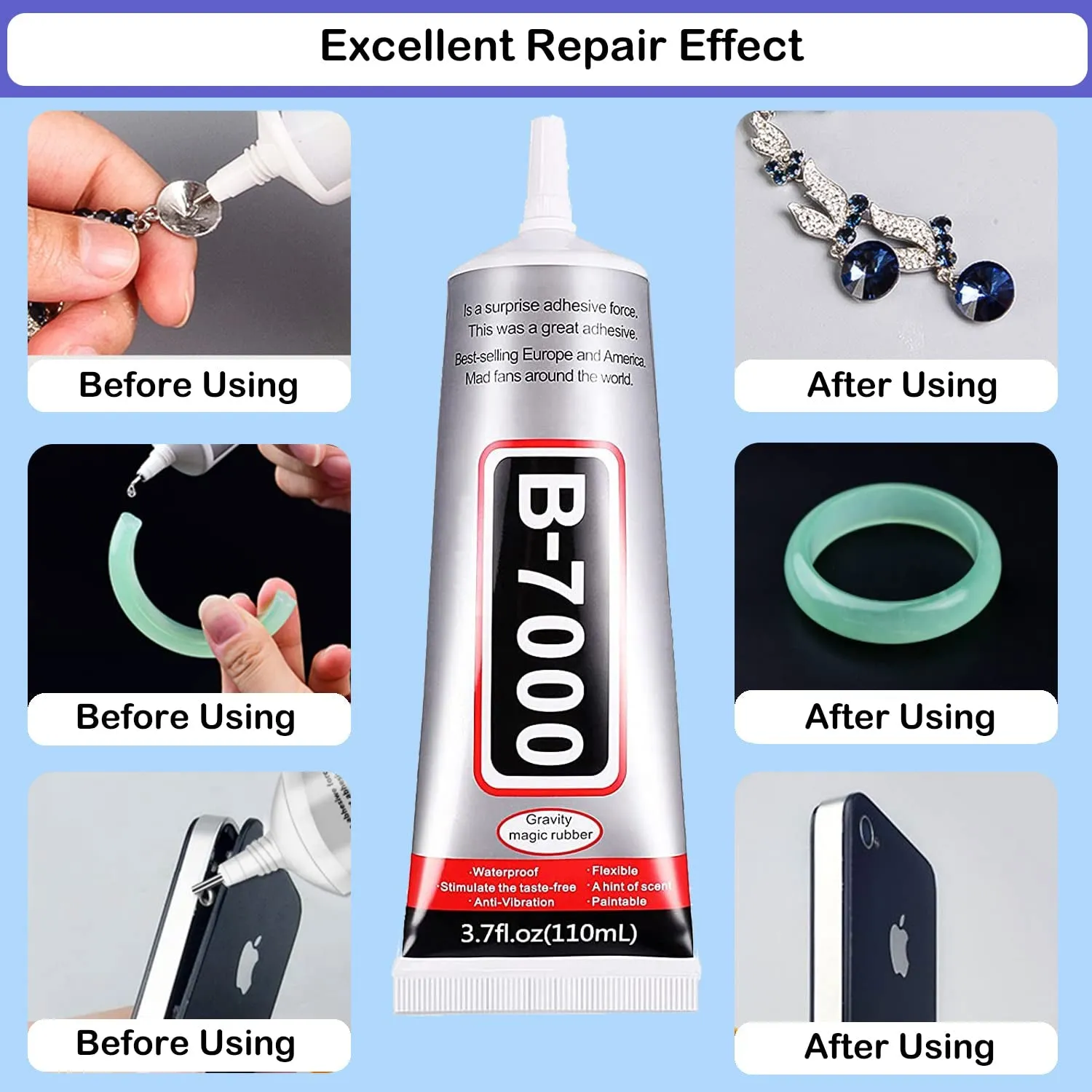 B7000 Adhesive Rhinestones Glue for Crafts, 2PCS 110Ml / 3.7 Fl Oz B7000 Clear Glue with 5 Dotting Pen Tool, Wax Pencil and Tweezer, Jewelry Glue for DIY Craft Makeup Shoes Jewelry Making Nail Art