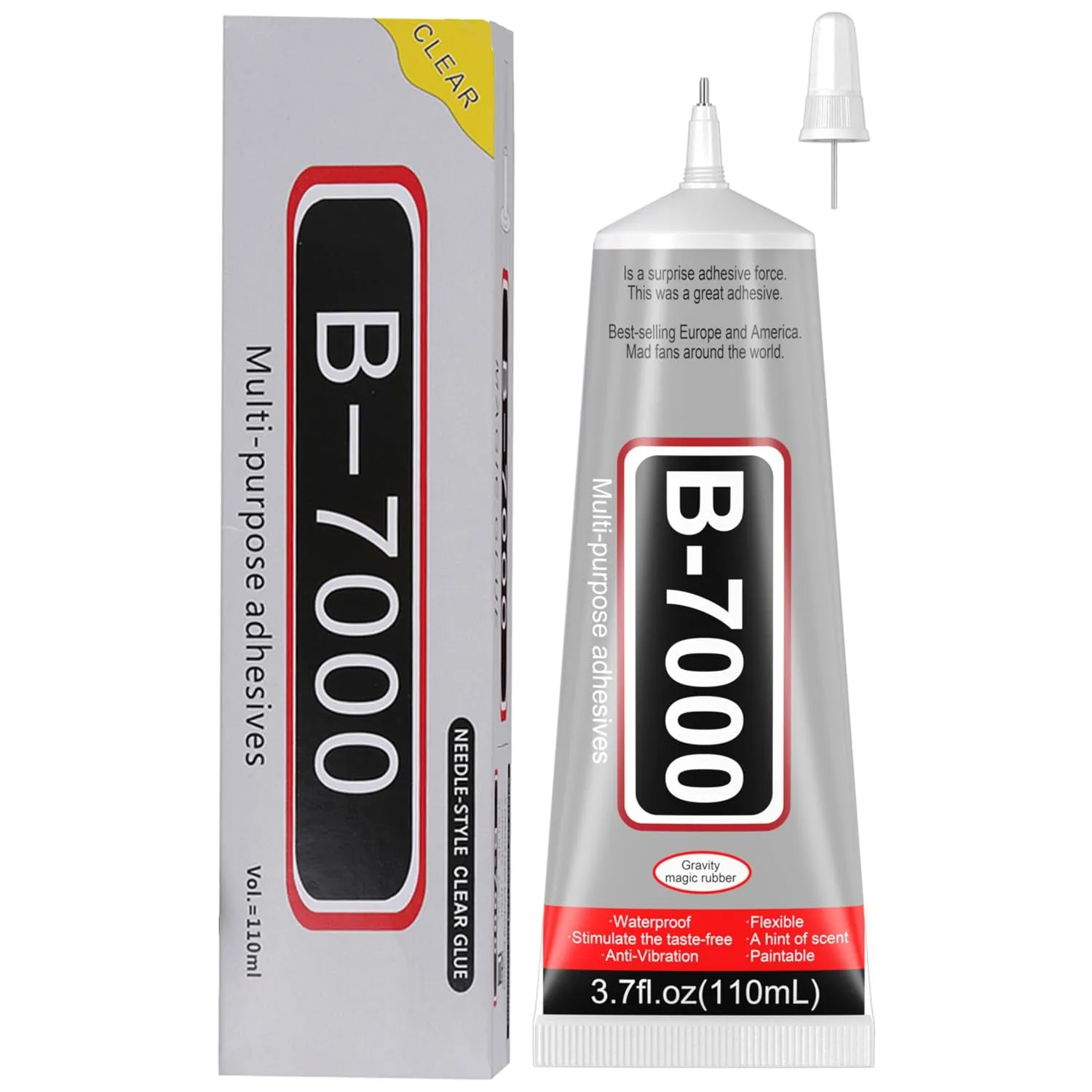 B7000 Adhesive Rhinestones Glue for Crafts, 2PCS 110Ml / 3.7 Fl Oz B7000 Clear Glue with 5 Dotting Pen Tool, Wax Pencil and Tweezer, Jewelry Glue for DIY Craft Makeup Shoes Jewelry Making Nail Art