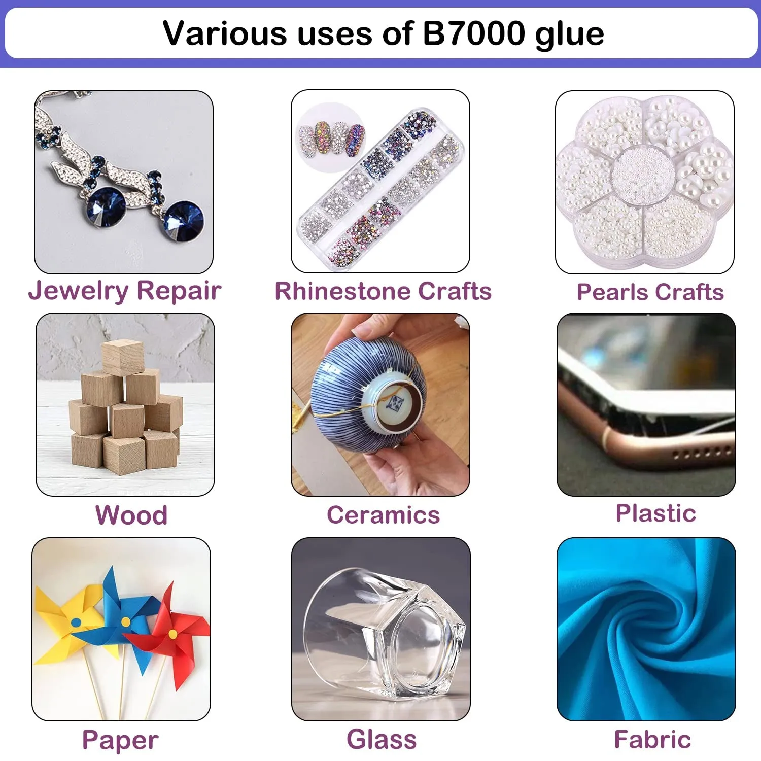 B7000 Adhesive Rhinestones Glue for Crafts, 2PCS 110Ml / 3.7 Fl Oz B7000 Clear Glue with 5 Dotting Pen Tool, Wax Pencil and Tweezer, Jewelry Glue for DIY Craft Makeup Shoes Jewelry Making Nail Art