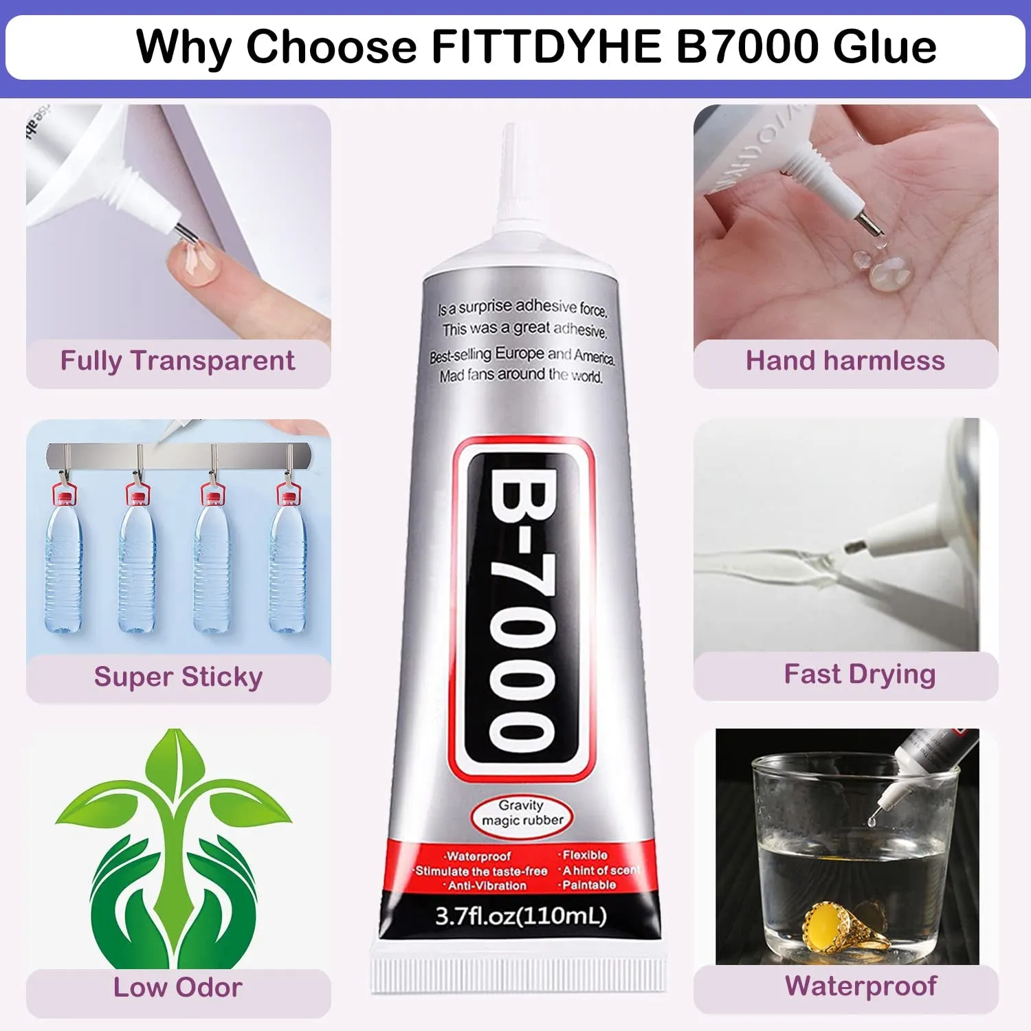 B7000 Adhesive Rhinestones Glue for Crafts, 2PCS 110Ml / 3.7 Fl Oz B7000 Clear Glue with 5 Dotting Pen Tool, Wax Pencil and Tweezer, Jewelry Glue for DIY Craft Makeup Shoes Jewelry Making Nail Art