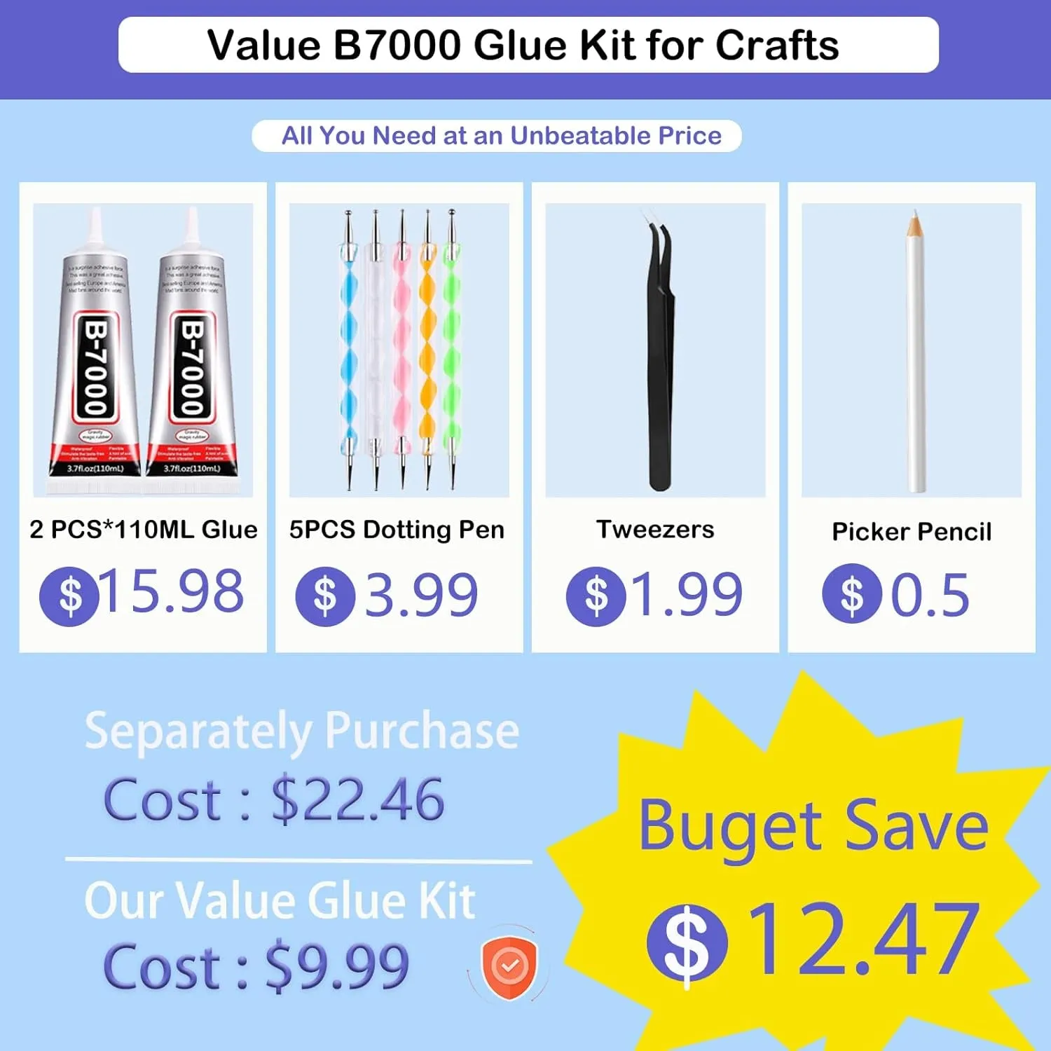 B7000 Adhesive Rhinestones Glue for Crafts, 2PCS 110Ml / 3.7 Fl Oz B7000 Clear Glue with 5 Dotting Pen Tool, Wax Pencil and Tweezer, Jewelry Glue for DIY Craft Makeup Shoes Jewelry Making Nail Art