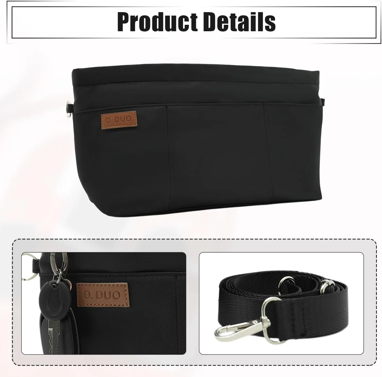 Bag Organizer Insert, Crossbody Bag, Tote Organizer Insert with Adjustable Bag Strap, Waterproof Nylon Purse Inserts (Black, S)