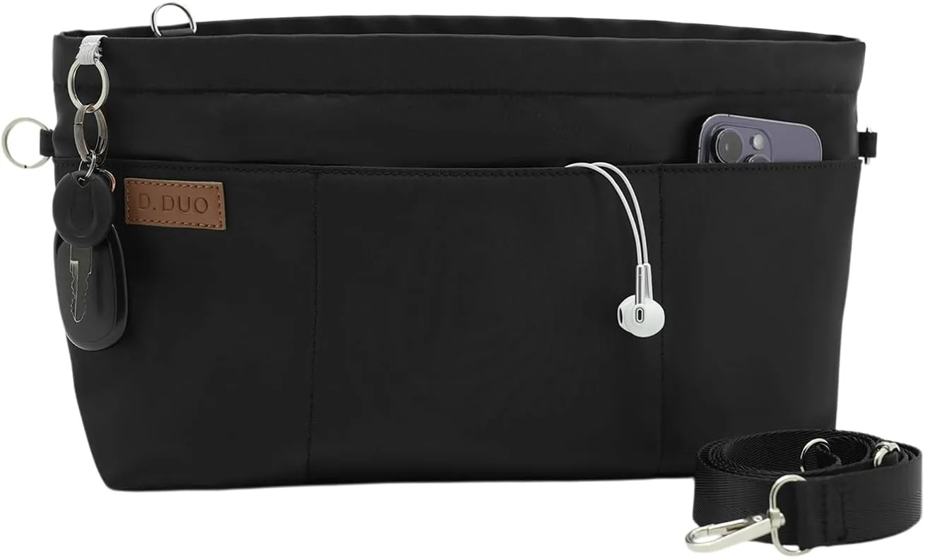 Bag Organizer Insert, Crossbody Bag, Tote Organizer Insert with Adjustable Bag Strap, Waterproof Nylon Purse Inserts (Black, S)