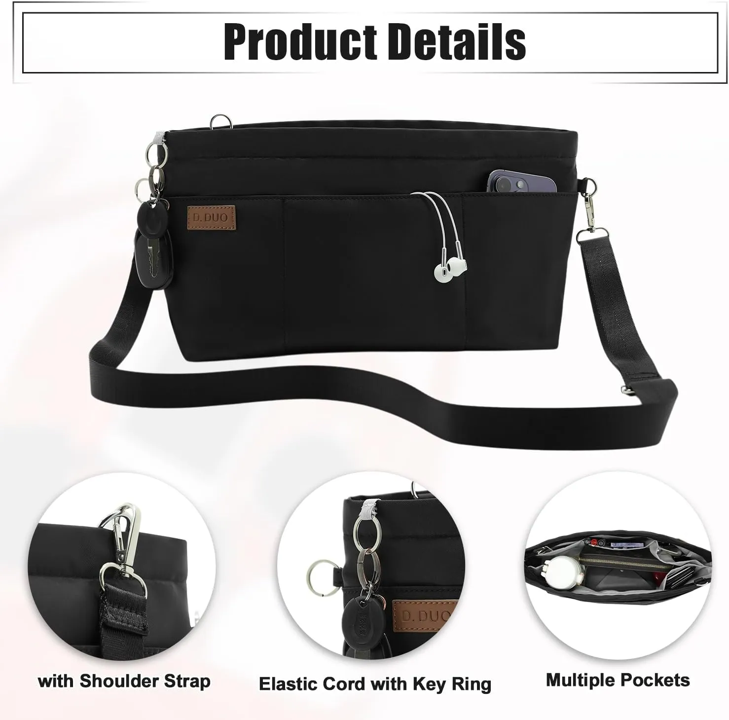 Bag Organizer Insert, Crossbody Bag, Tote Organizer Insert with Adjustable Bag Strap, Waterproof Nylon Purse Inserts (Black, S)