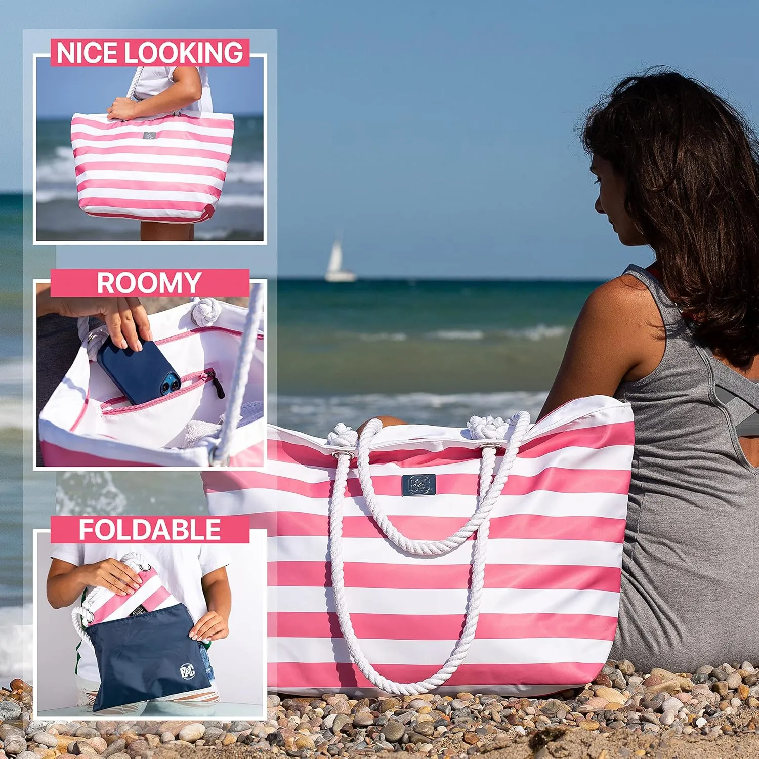 Bag&Carry Large Beach Tote Bag With Zipper - XL Beach Bags Waterproof Sandproof - Oversized Beach Bag With Pockets