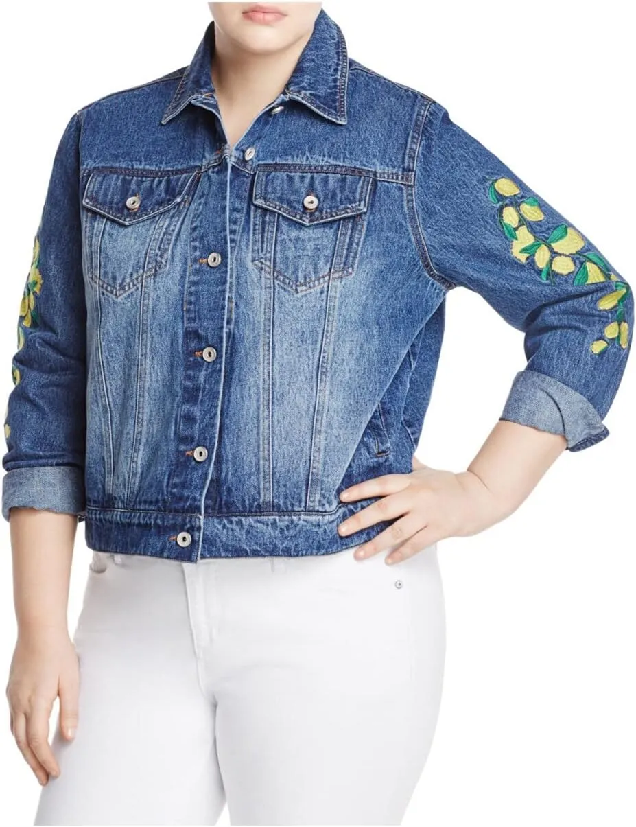 Bagatelle Womens Plus Lemon Embroidered Denim Jacket Blue 2X