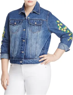 Bagatelle Womens Plus Lemon Embroidered Denim Jacket Blue 2X