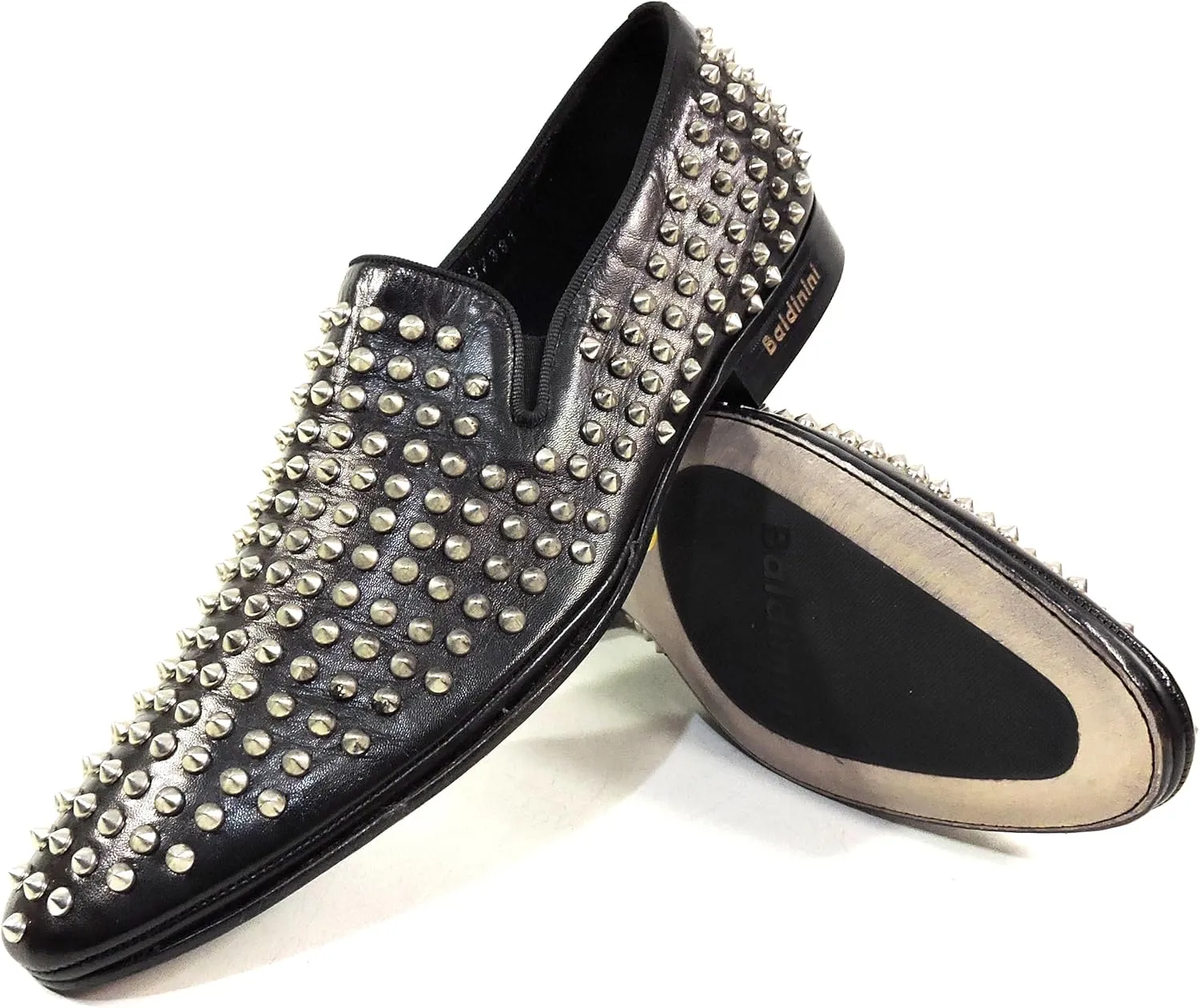 Baldinini Men's Black Leather Loafers, Silver Studded Design, Slip-On Comfort Shoes