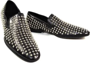 Baldinini Men's Black Leather Loafers, Silver Studded Design, Slip-On Comfort Shoes