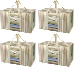 BALEINE 4-Pack Oversized Moving Bags with Reinforced Handles, Heavy-Duty Storage Tote for Clothes, Moving Supplies (Color Stripe with Window, 4-Pack)