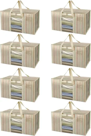 BALEINE 8-Pack Oversized Moving Bags with Reinforced Handles, Heavy-Duty Storage Tote for Clothes, Moving Supplies (Color Stripe with Window, 8-Pack)