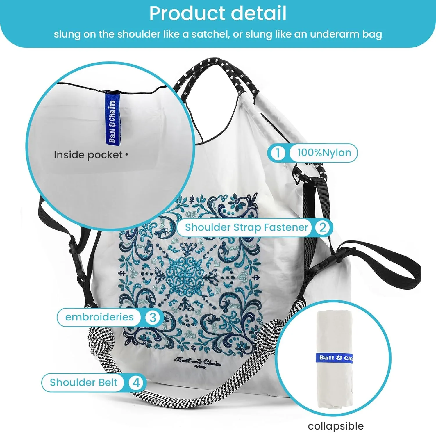 Ball&Chain Embroidery Tote Bag Women Work Bags Crossbody Bag Purse for Women Travel Bags Handbags Everyday Bag