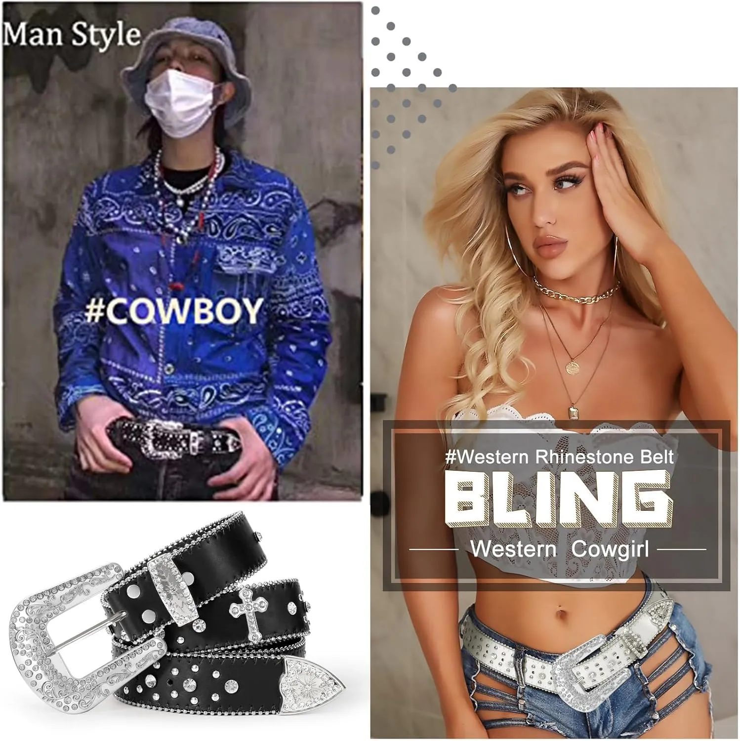 Balteus Sparkly Rhinestone Diamond Sequin Studded Belt for Men & Women - Western Cowgirl Cowboy Style