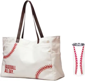 Baseball Bag & Tumbler, Sports Mom Essentials, Large Canvas Tote Handbag With Water Cups, Game Day Accessories, Team Mom Gifts for Women (White, X-Large)