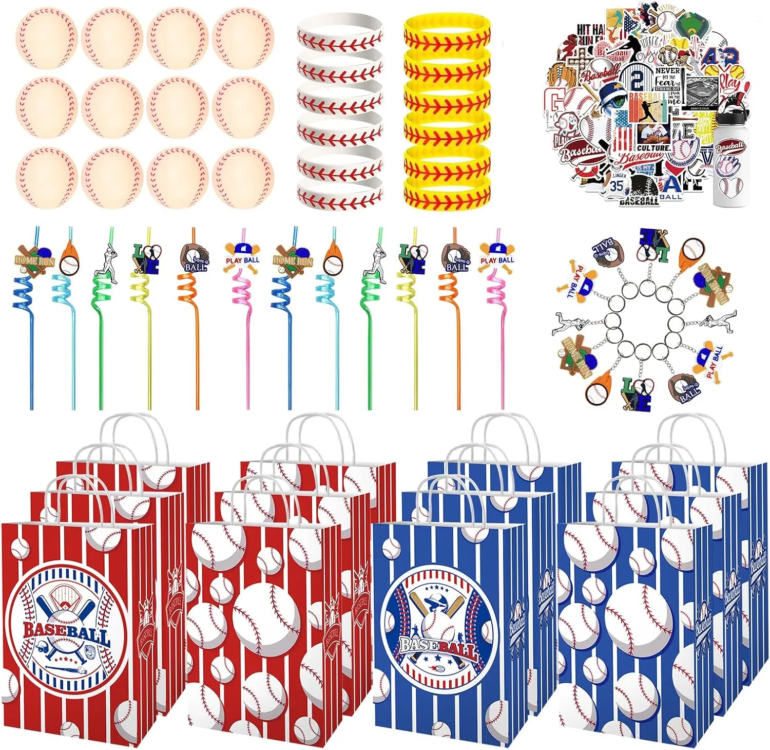 Baseball Party Favors - 12 Pack Baseball Gifts Set with Goodie Bags, Straws, Keychains, Mini Balls, Bracelets & Stickers for Baseball Team Celebrations