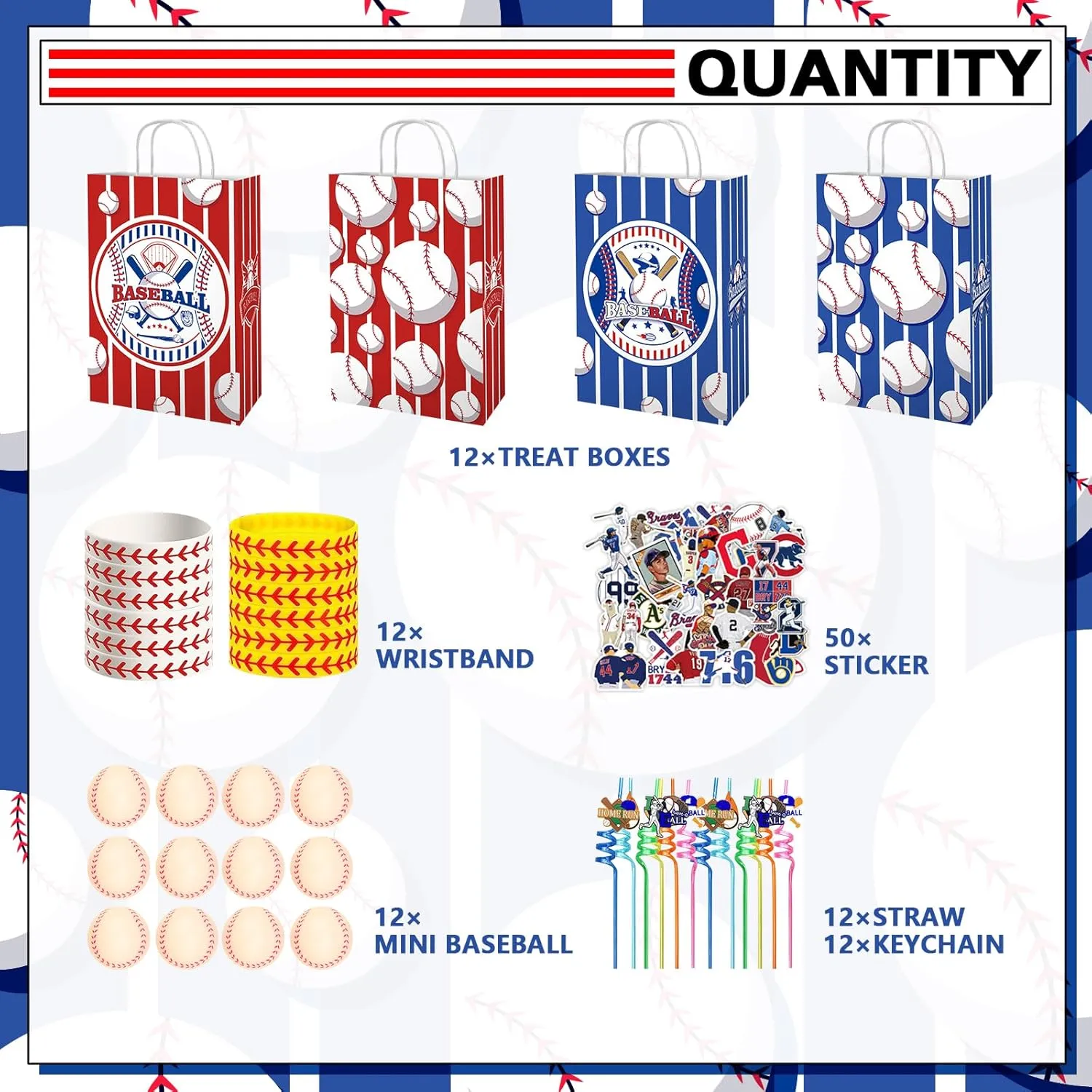 Baseball Party Favors - 12 Pack Baseball Gifts Set with Goodie Bags, Straws, Keychains, Mini Balls, Bracelets & Stickers for Baseball Team Celebrations