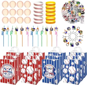 Baseball Party Favors - 12 Pack Baseball Gifts Set with Goodie Bags, Straws, Keychains, Mini Balls, Bracelets & Stickers for Baseball Team Celebrations
