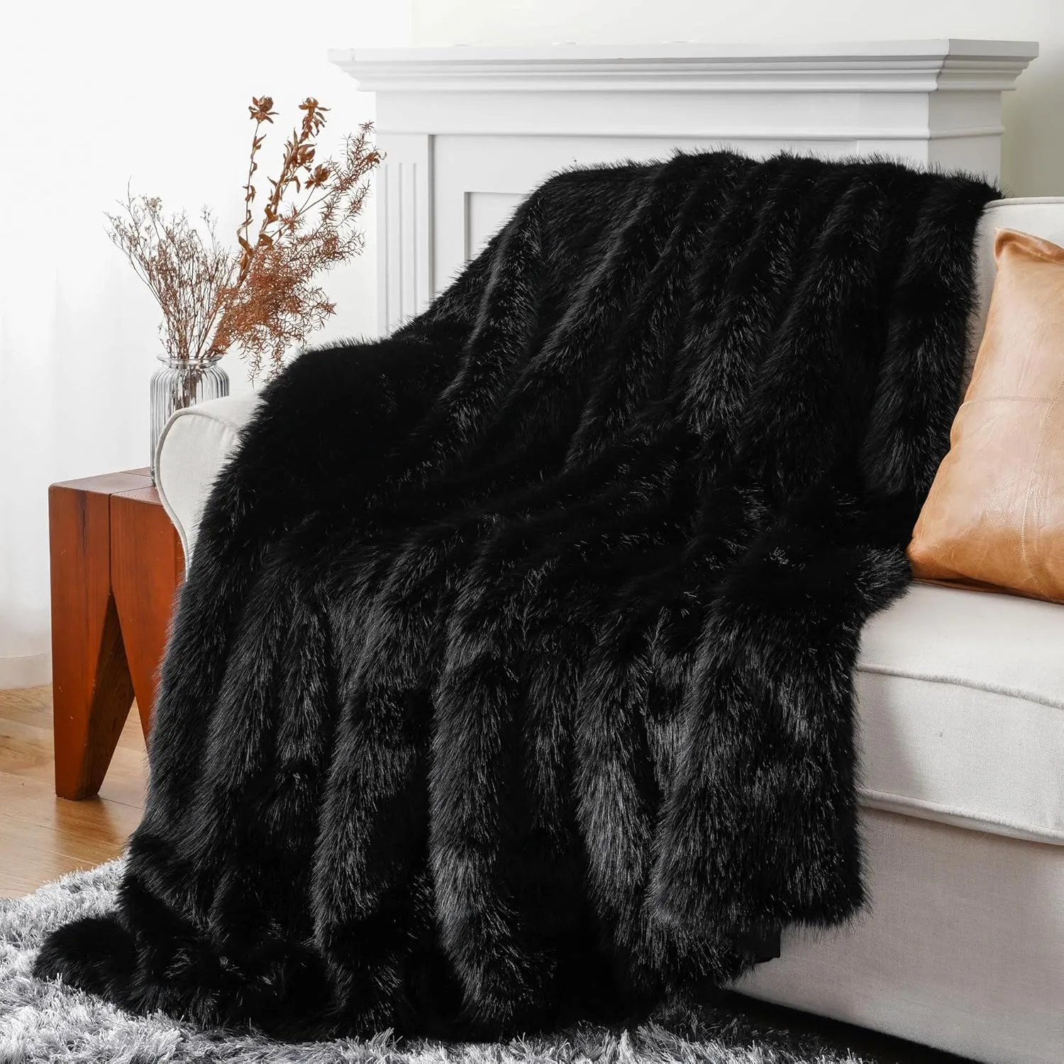 BATTILO HOME Luxury Fluffy Black Faux Fur Throw Blanket, Black Blanket for Couch, Sofa, Chair, Bed, Plush Fuzzy Cozy Fur Throws with Long Pile, 50"x60"