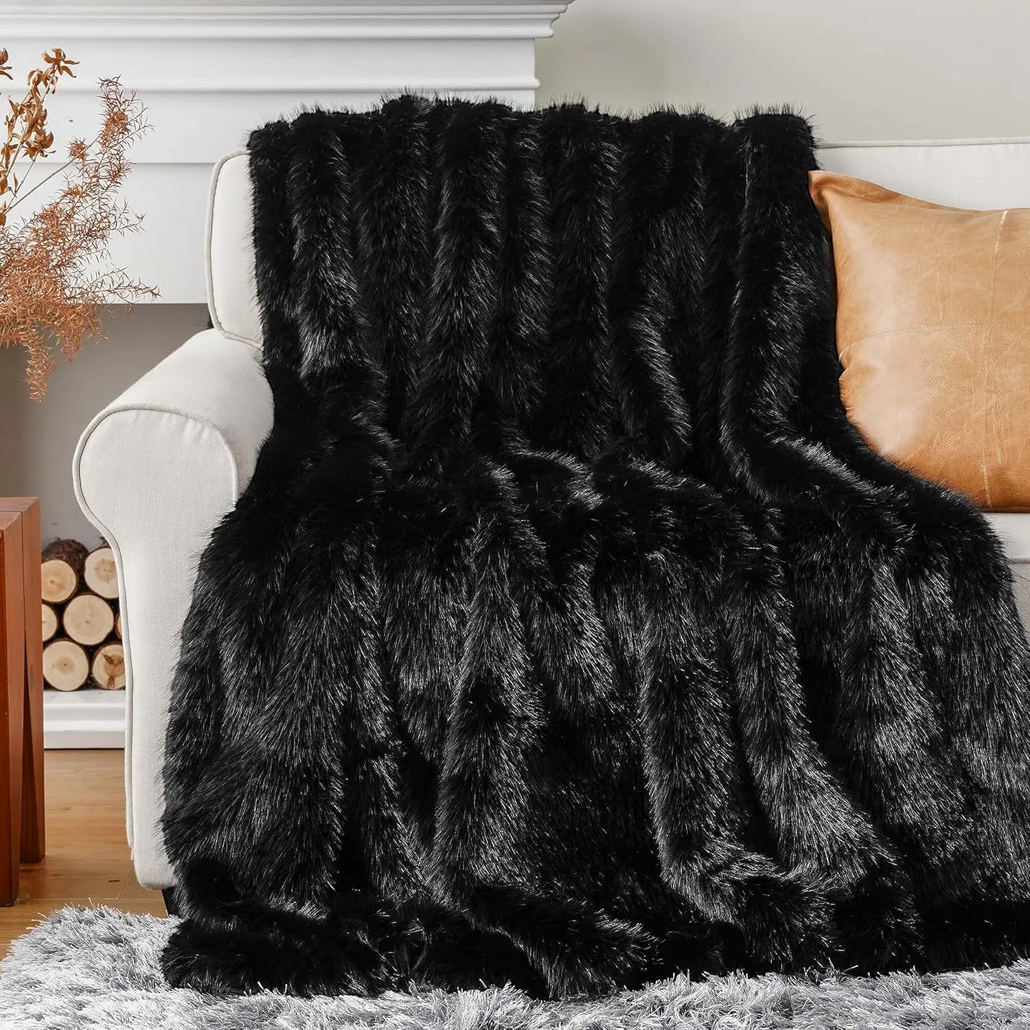 BATTILO HOME Luxury Fluffy Black Faux Fur Throw Blanket, Black Blanket for Couch, Sofa, Chair, Bed, Plush Fuzzy Cozy Fur Throws with Long Pile, 50"x60"