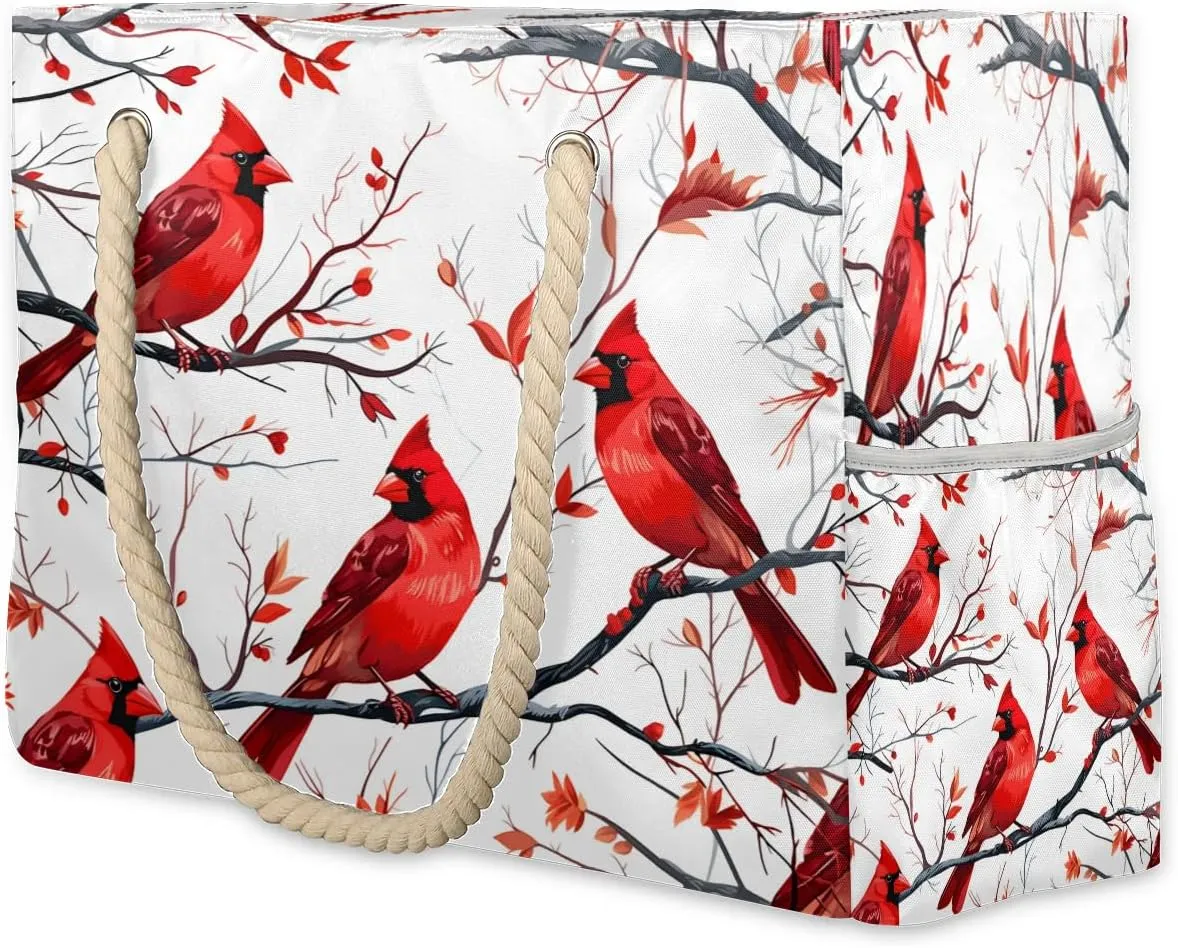 Beach Bag Cardinal Birds Branch Large Beach Tote Pool Bag Waterproof Travel Tote Bags with Zipper & Rope Handles Weekender Overnight Bag Swim Bag for Travel, Beach, Gym