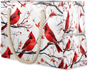 Beach Bag Cardinal Birds Branch Large Beach Tote Pool Bag Waterproof Travel Tote Bags with Zipper & Rope Handles Weekender Overnight Bag Swim Bag for Travel, Beach, Gym