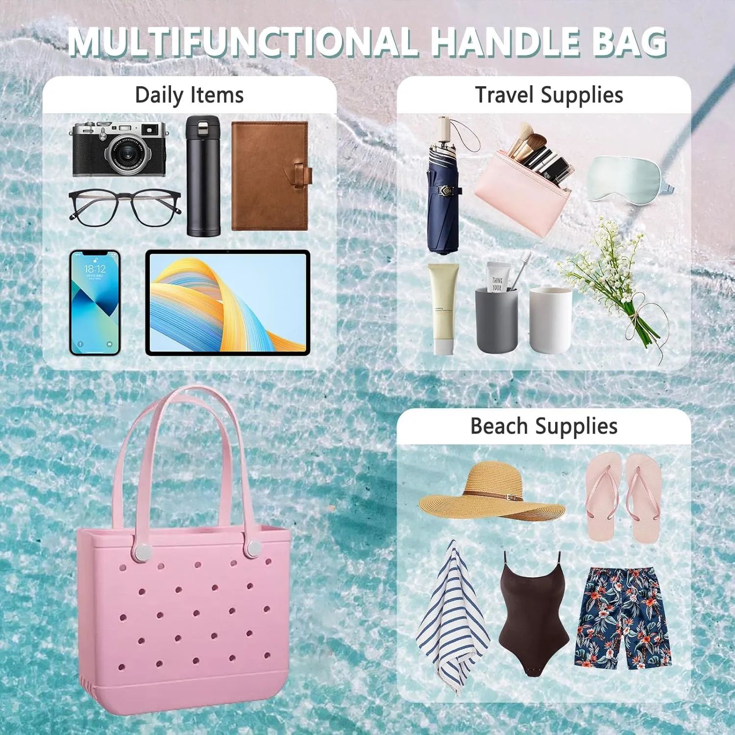 Beach Bag Rubber Small Tote Bag, Fashion Travel Bag for Women, Waterproof Handbag for Sports, Pool, Beach